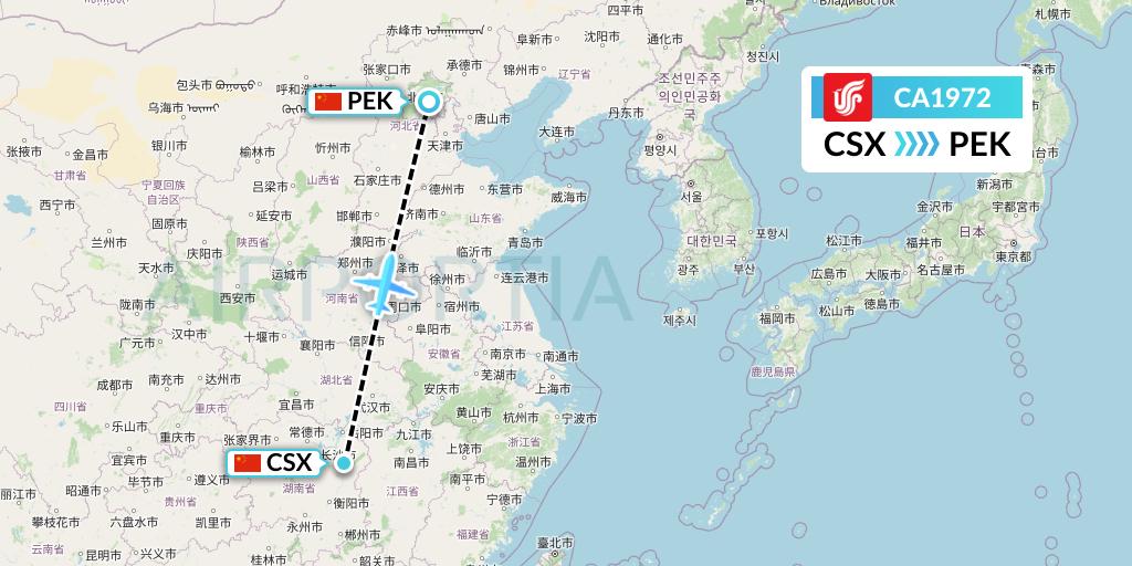 CA1972 Air China Flight Map: Changsha to Beijing