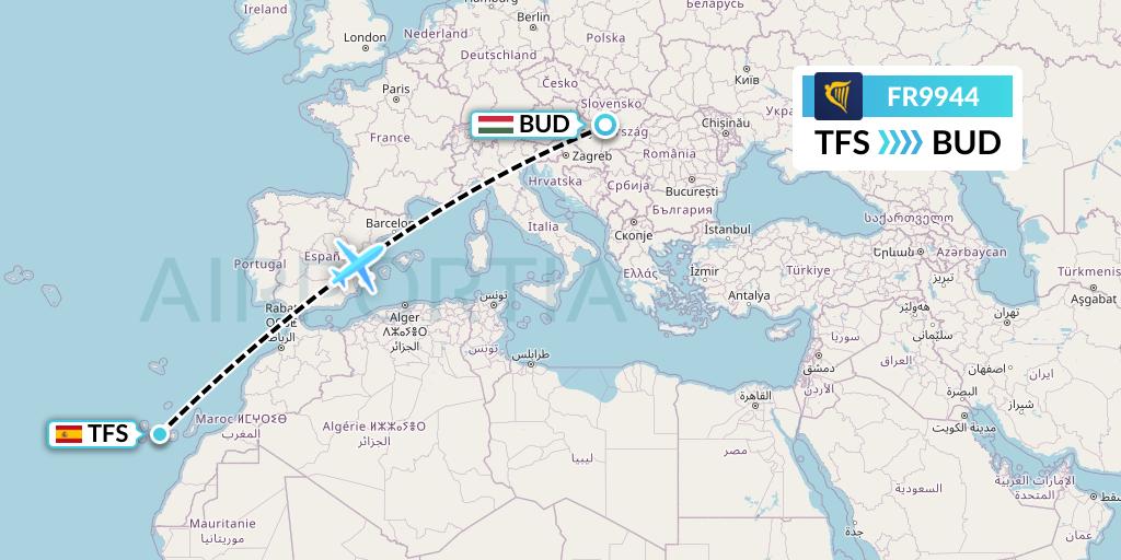 FR9944 Ryanair Flight Map: Tenerife to Budapest