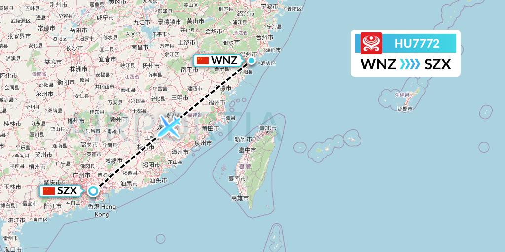 HU7772 Hainan Airlines Flight Map: Wenzhou to Shenzhen