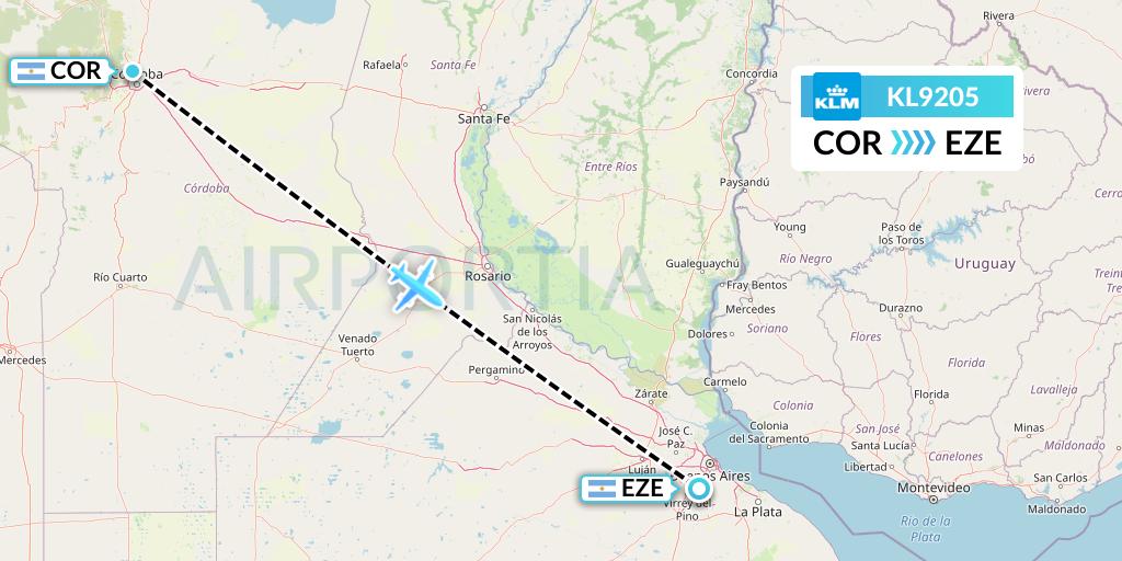 KL9205 KLM Flight Map: Cordoba to Buenos Aires