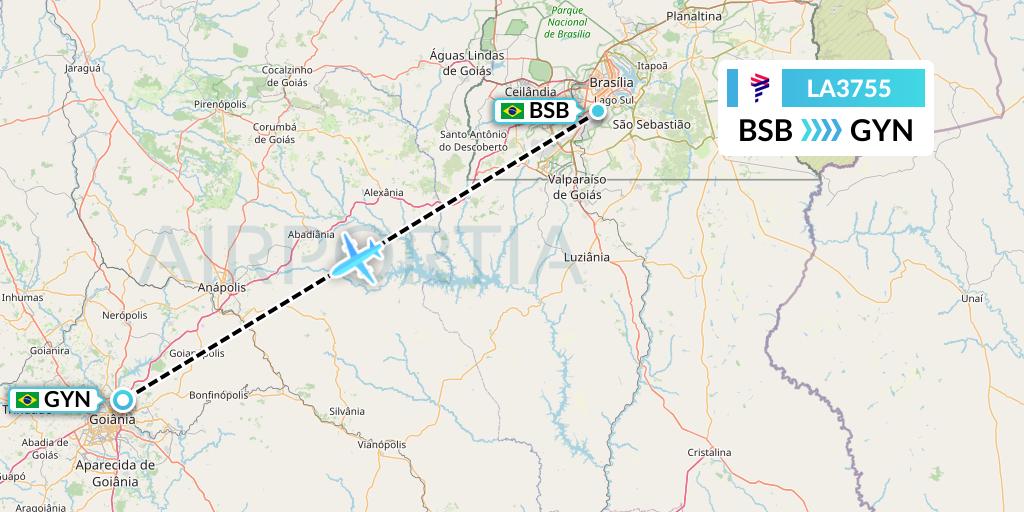 LA3755 LAN Airlines Flight Map: Brasilia to Goiania