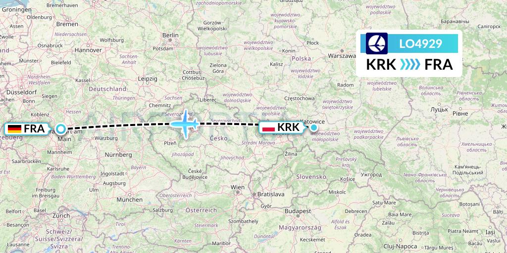 LO4929 LOT Flight Map: Krakow to Frankfurt