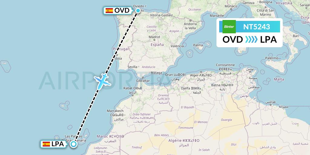 NT5243 Binter Canarias Flight Map: Asturias to Las Palmas