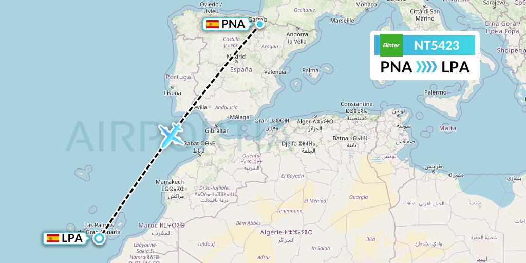 NT5423 Binter Canarias Flight Map: Pamplona to Las Palmas