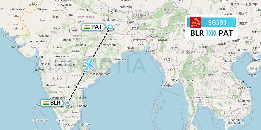 SG531 SpiceJet Flight Map: Bangalore to Patna