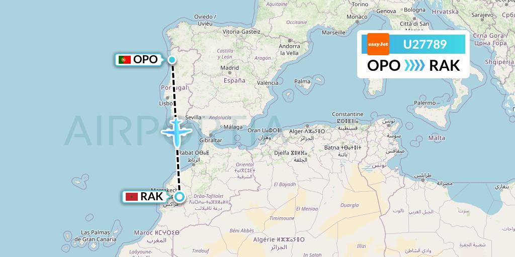 U27789 EasyJet Flight Map: Porto to Marrakesh 