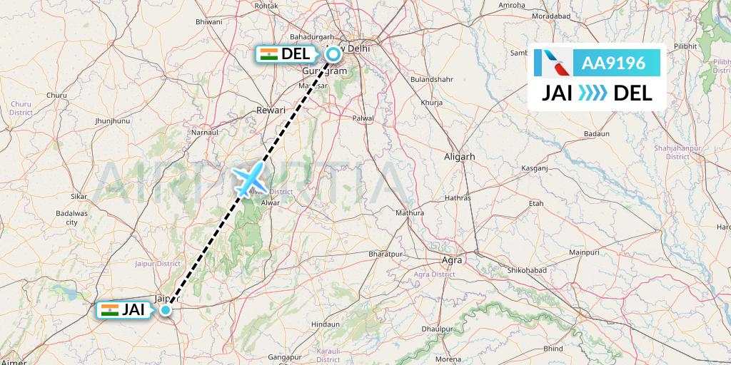 AA9196 American Airlines Flight Map: Jaipur to Delhi