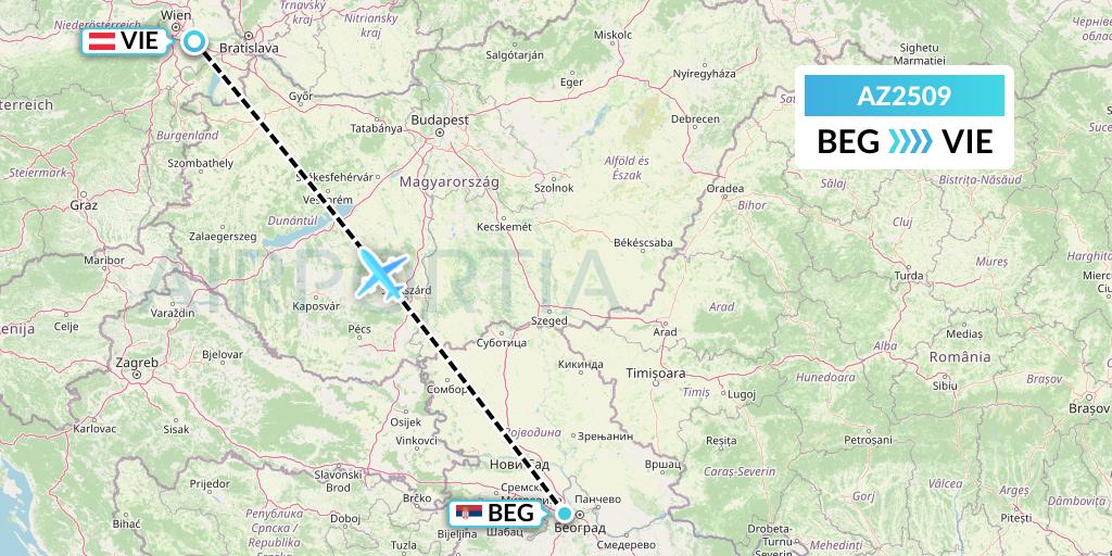 AZ2509 ITA Airways Flight Map: Belgrade to Vienna