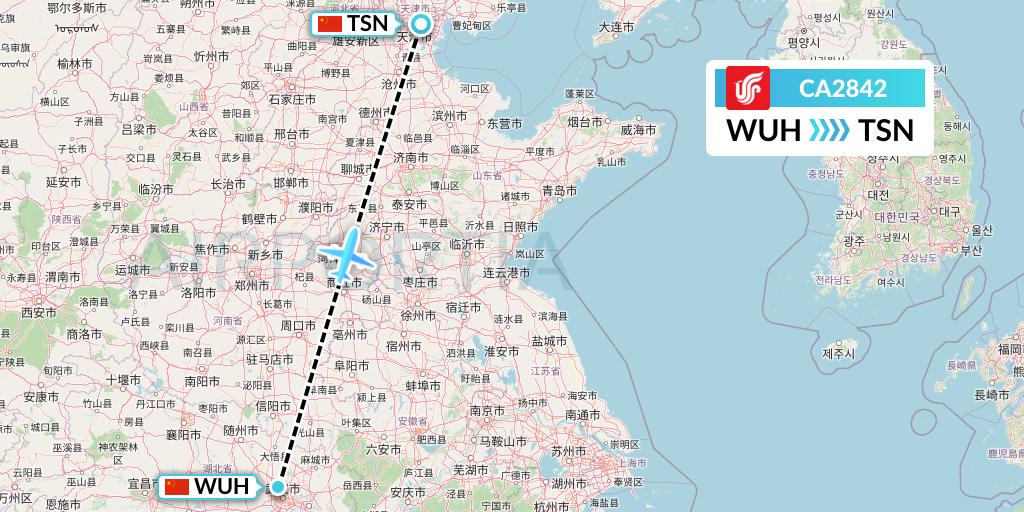 CA2842 Air China Flight Map: Wuhan to Tianjin