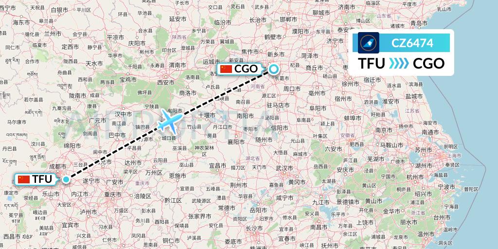 CZ6474 China Southern Airlines Flight Map: Chengdu to Zhengzhou