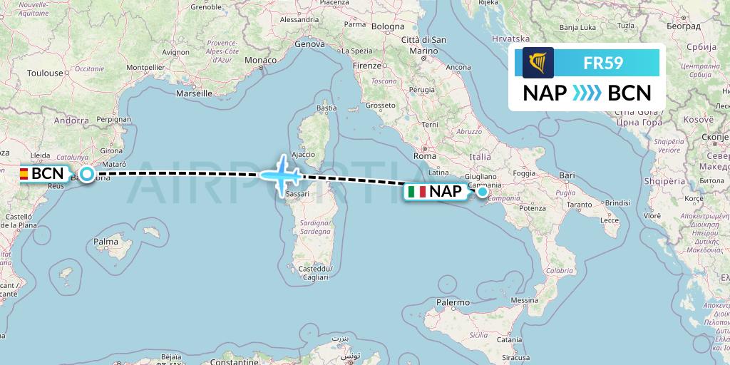 FR59 Ryanair Flight Map: Naples to Barcelona