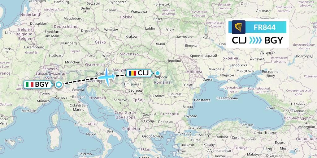 FR844 Ryanair Flight Map: Cluj-Napoca to Milan
