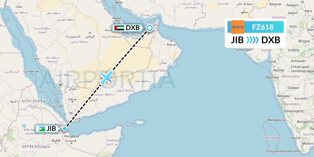 FZ618 FlyDubai Flight Map: Djibouti to Dubai