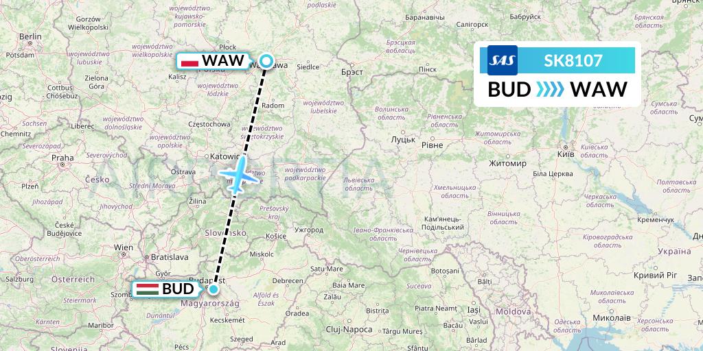 SK8107 SAS Flight Map: Budapest to Warsaw