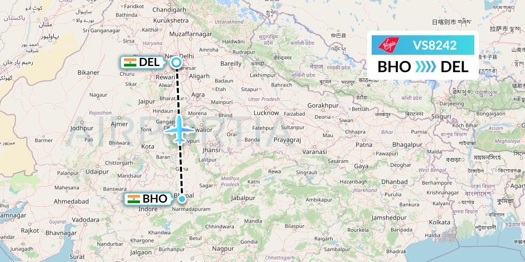 VS8242 Virgin Atlantic Airways Flight Map: Bhopal to Delhi