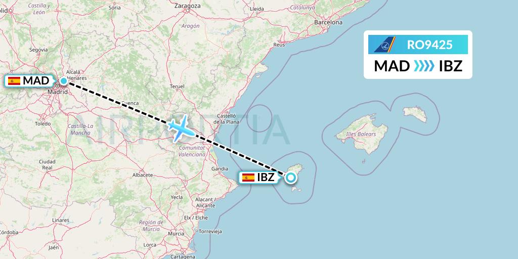RO9425 Tarom Flight Map: Madrid to Ibiza