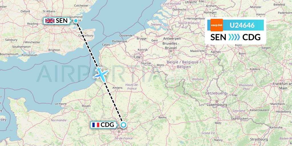 U24646 EasyJet Flight Map: Southend to Paris