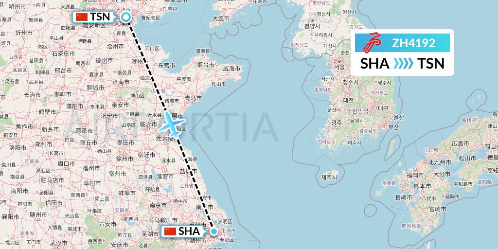 ZH4192 Shenzhen Airlines Flight Map: Shanghai to Tianjin