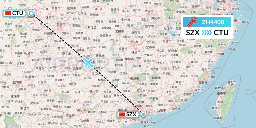 ZH4408 Shenzhen Airlines Flight Map: Shenzhen to Chengdu