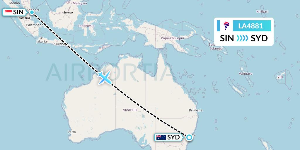LA4881 LAN Airlines Flight Map: Singapore to Sydney