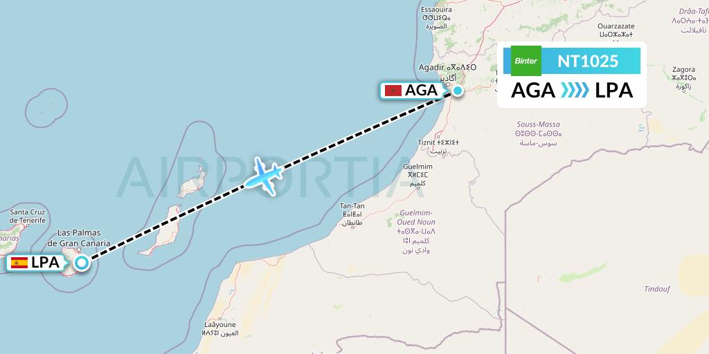 NT1025 Binter Canarias Flight Map: Agadir to Las Palmas