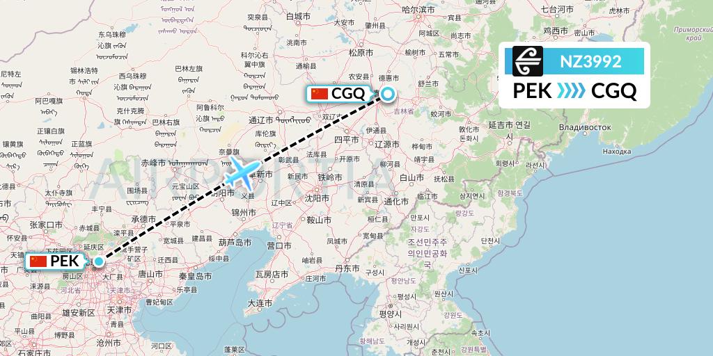 NZ3992 Air New Zealand Flight Map: Beijing to Changchun