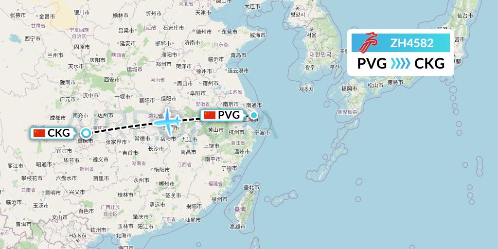 ZH4582 Shenzhen Airlines Flight Map: Shanghai to Chongqing