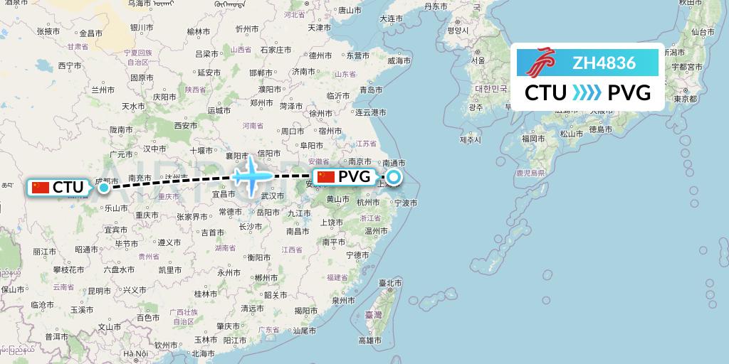 ZH4836 Shenzhen Airlines Flight Map: Chengdu to Shanghai
