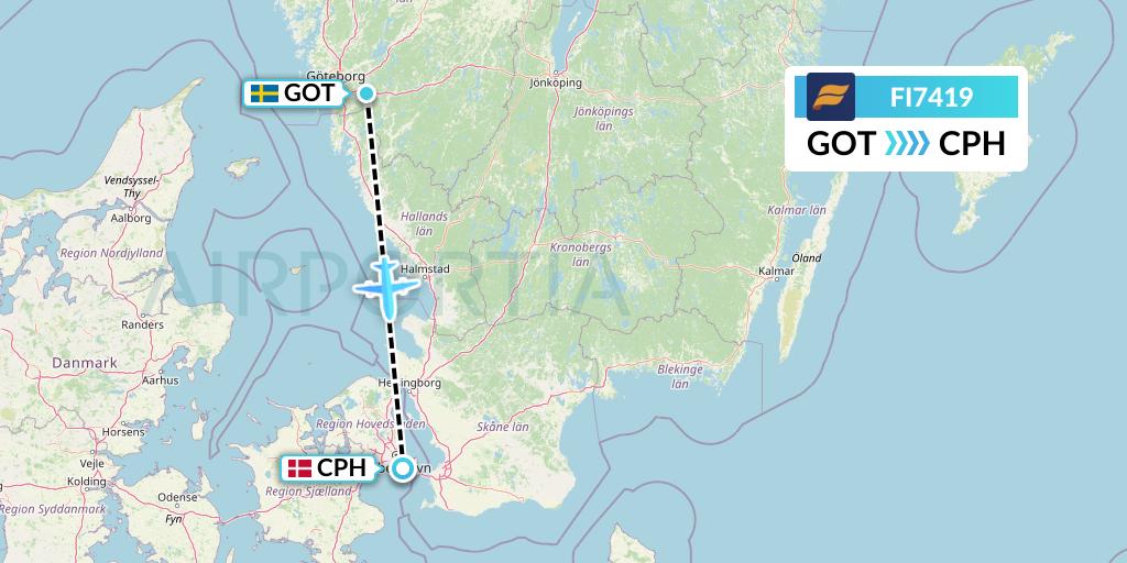 FI7419 Icelandair Flight Map: Gothenburg to Copenhagen