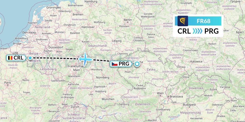 FR68 Ryanair Flight Map: Brussels to Prague