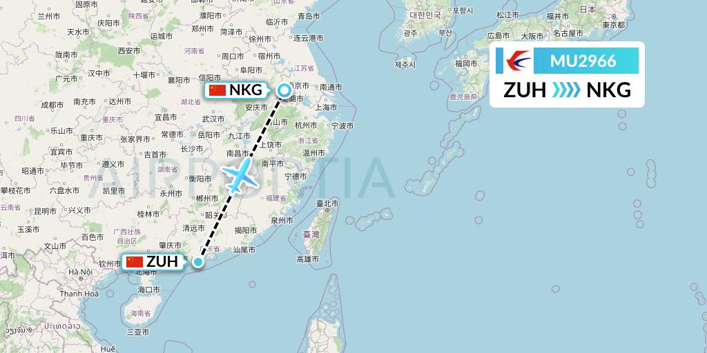 MU2966 China Eastern Airlines Flight Map: Zhuhai to Nanjing