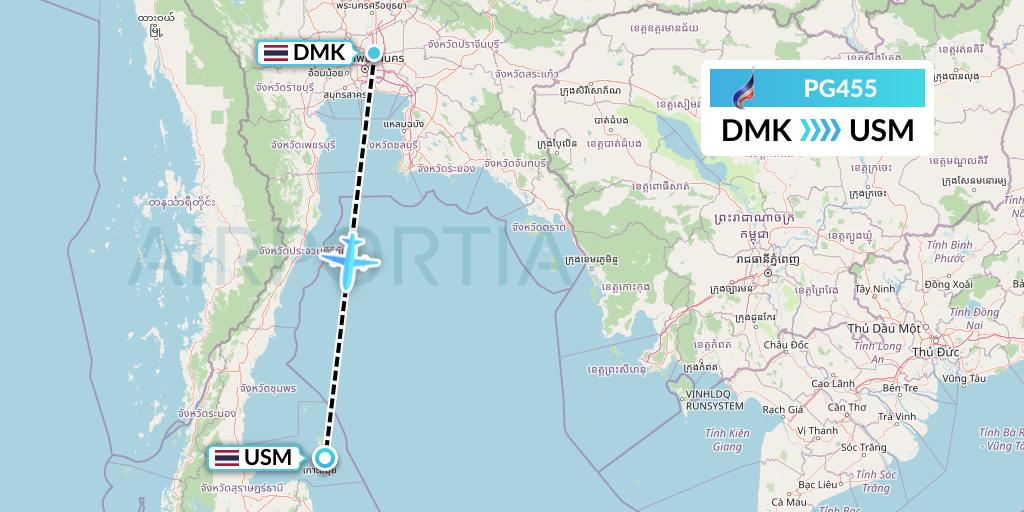 PG455 Bangkok Airways Flight Map: Bangkok to Koh Samui