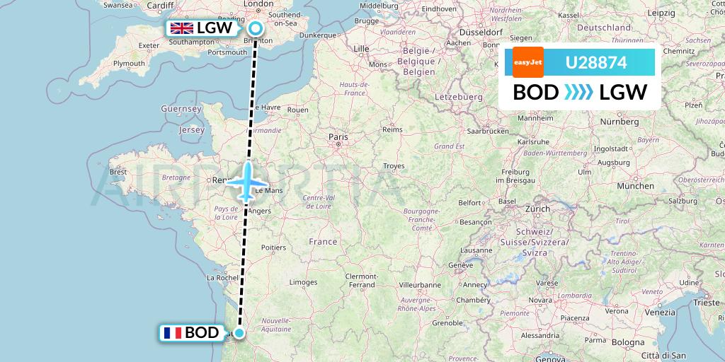 U28874 EasyJet Flight Map: Bordeaux to London