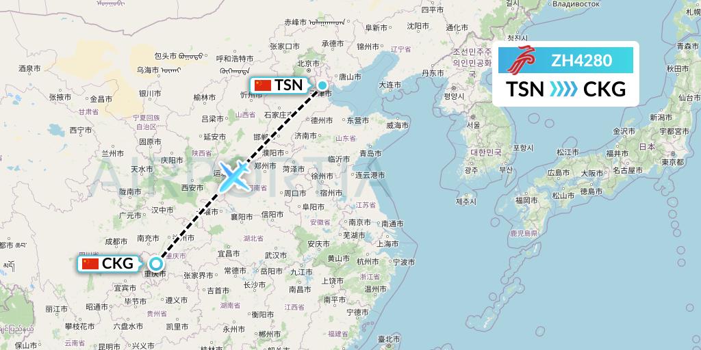 ZH4280 Shenzhen Airlines Flight Map: Tianjin to Chongqing