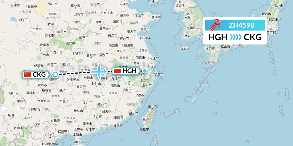 ZH4598 Shenzhen Airlines Flight Map: Hangzhou to Chongqing