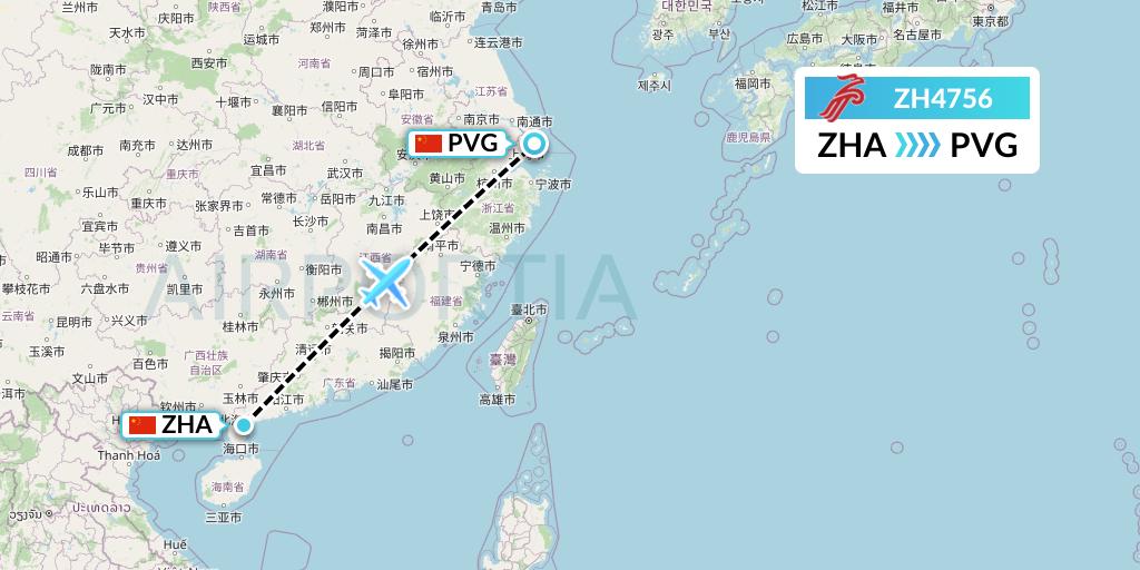 ZH4756 Shenzhen Airlines Flight Map: Zhanjiang to Shanghai