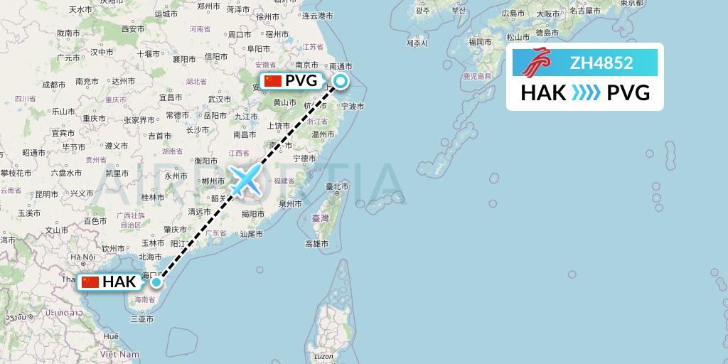 ZH4852 Shenzhen Airlines Flight Map: Haikou to Shanghai