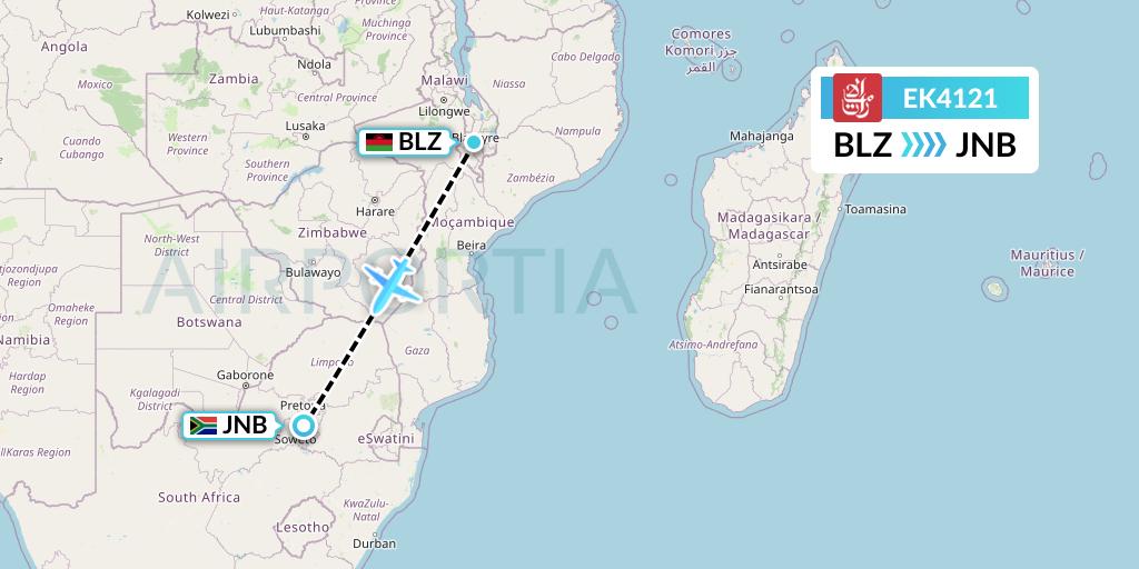 EK4121 Emirates Flight Map: Blantyre to Johannesburg