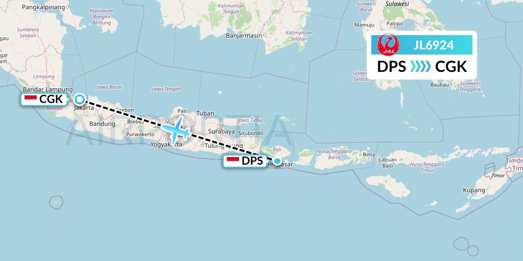 JL6924 Japan Airlines Flight Map: Denpasar to Jakarta