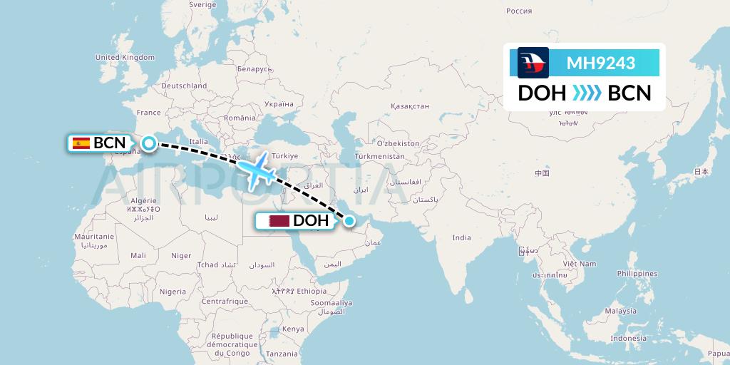 MH9243 Malaysia Airlines Flight Map: Doha to Barcelona
