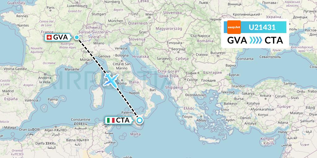 U21431 EasyJet Flight Map: Geneva to Catania