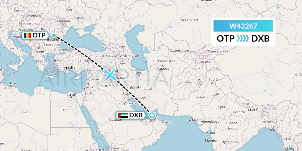 W43267 Wizz Air Malta Flight Map: Bucharest to Dubai
