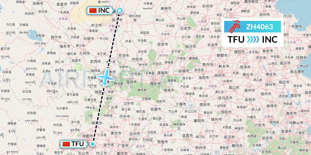 ZH4063 Shenzhen Airlines Flight Map: Chengdu to Yinchuan