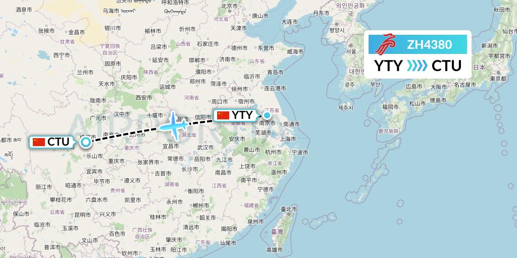 ZH4380 Shenzhen Airlines Flight Map: Yangzhou to Chengdu