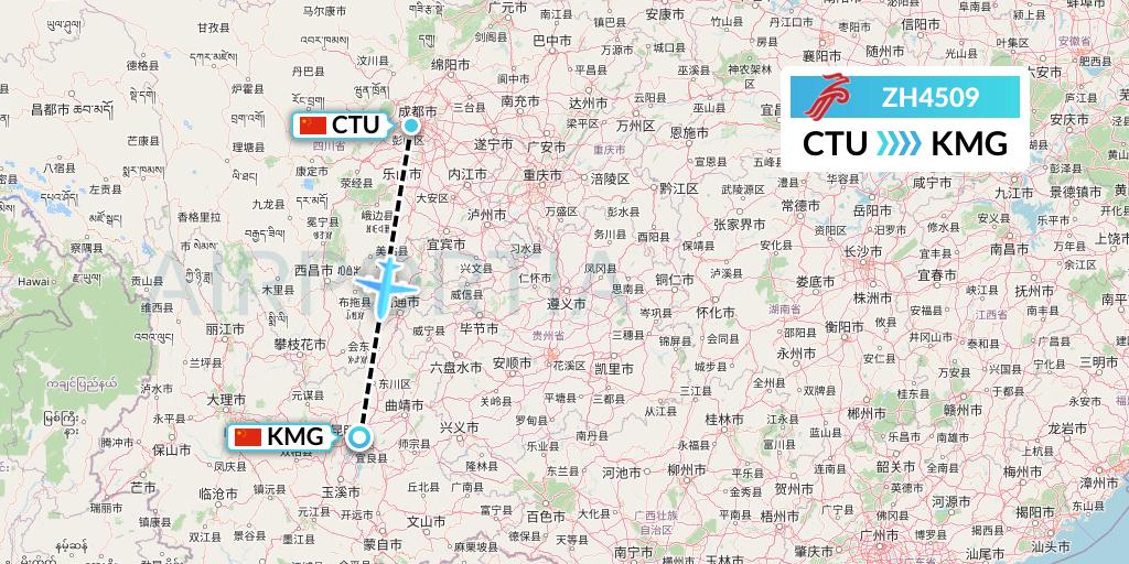 ZH4509 Shenzhen Airlines Flight Map: Chengdu to Kunming