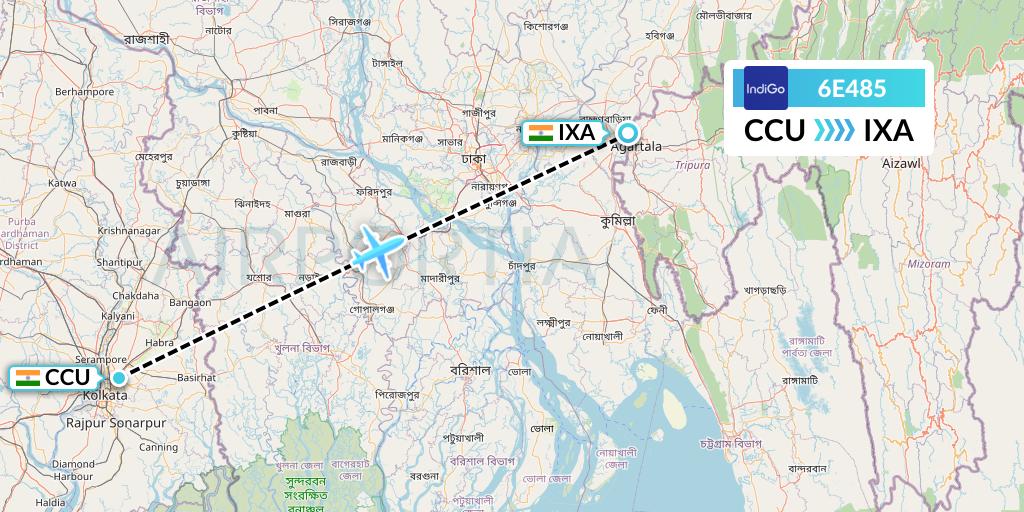 6E485 IndiGo Airlines Flight Map: Kolkata to Agartala