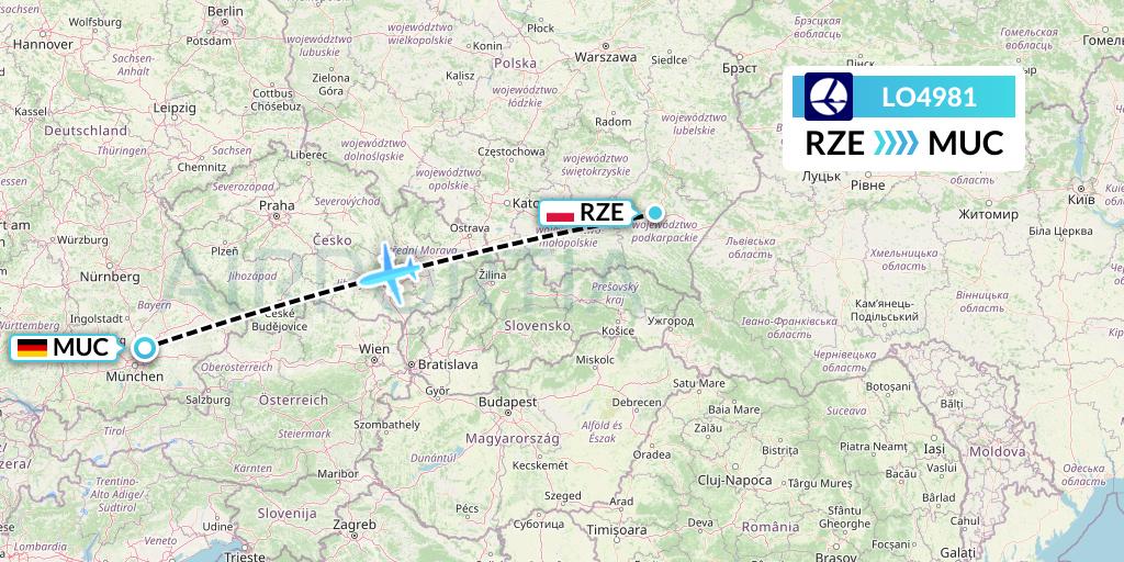 LO4981 LOT Flight Map: Rzeszow to Munich