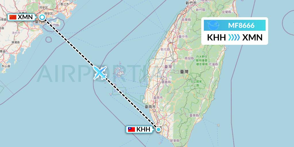 MF8666 Xiamen Airlines Flight Map: Kaohsiung to Xiamen