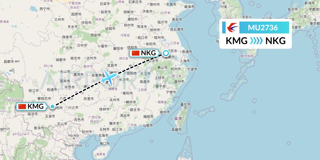 MU2736 China Eastern Airlines Flight Map: Kunming to Nanjing