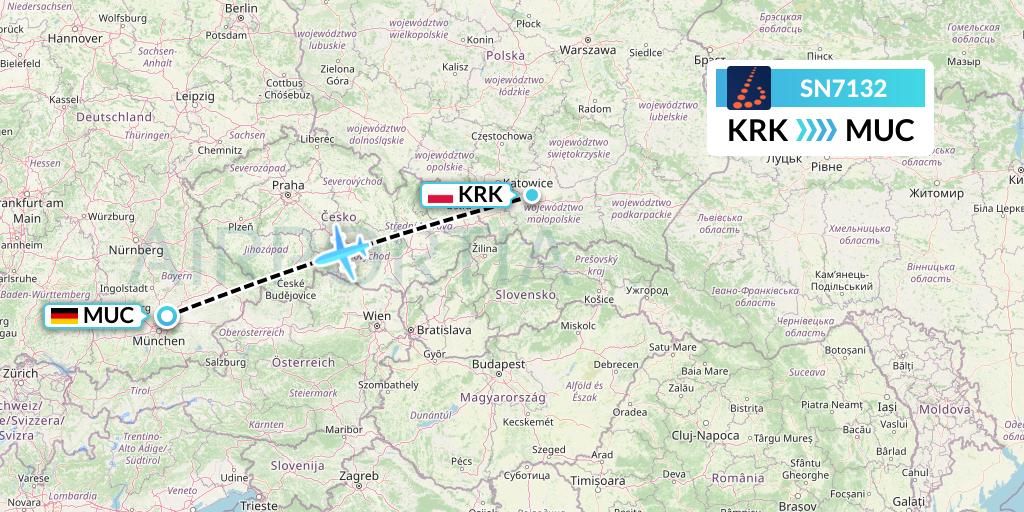 SN7132 Brussels Airlines Flight Map: Krakow to Munich